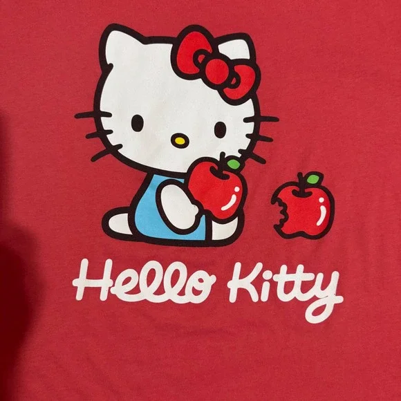 Sanrio Hello Kitty Red Graphic T-Shirt XL Apple Raw Hem Boxy Tee Womens 2024 Y2K - Picture 2 of 8